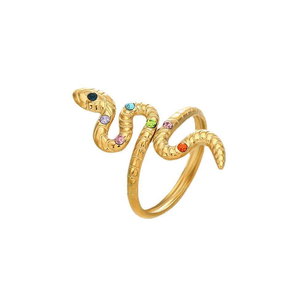 Wholesale Gold-plated stainless steel ring with colored diamonds and snake-shaped pattern